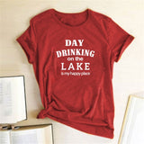 Women Day Drinking on the Lake Is My Happy Place Letter Print T Shirt O Neck Pullover