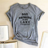 Women Day Drinking on the Lake Is My Happy Place Letter Print T Shirt O Neck Pullover