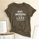Women Day Drinking on the Lake Is My Happy Place Letter Print T Shirt O Neck Pullover