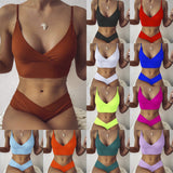 Sexy Cross Bikini Set Women Solid V Neck High Waist Two Piece Swimsuit Beach