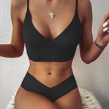Sexy Cross Bikini Set Women Solid V Neck High Waist Two Piece Swimsuit Beach